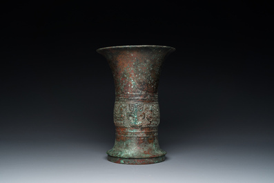 A Chinese inscribed archaic bronze ritual 'zun' wine vessel, probably Western Zhou