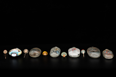 Five Chinese inside-painted glass snuff bottles and one in Canton or Beijing enamel, 19/20th C.