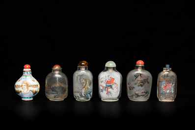 Five Chinese inside-painted glass snuff bottles and one in Canton or Beijing enamel, 19/20th C.