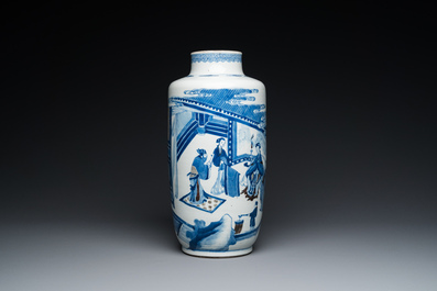 A Chinese blue, white and copper-red 'narrative subject' rouleau vase, Kangxi