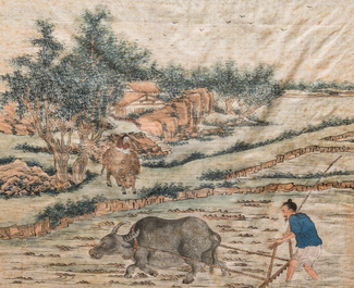 Chinese school: Three rice production scenes, ink and colour on silk, 19th C.