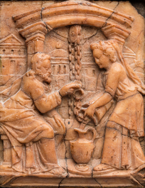 Relief en alb&acirc;tre de Malines repr&eacute;sentant J&eacute;sus et la Samaritaine au puits, Flandres, d&eacute;but du 17&egrave;me