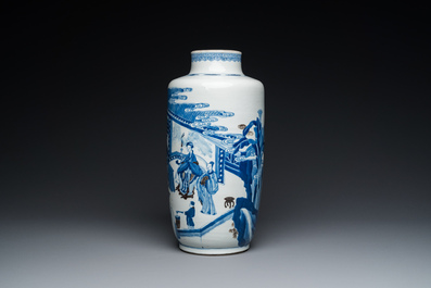 A Chinese blue, white and copper-red 'narrative subject' rouleau vase, Kangxi