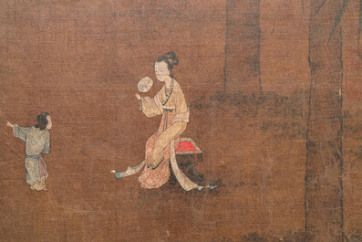 Chinese School: 'Lady and servant', ink and colour on silk, Ming