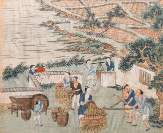 Chinese school: Three rice production scenes, ink and colour on silk, 19th C.