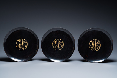 Six Chinese Fuzhou or Foochow lacquer dishes with a monogram, Shen Shao An mark, Republic
