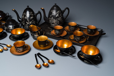 Two Chinese black Fuzhou or Foochow lacquer coffee services on trays, Republic
