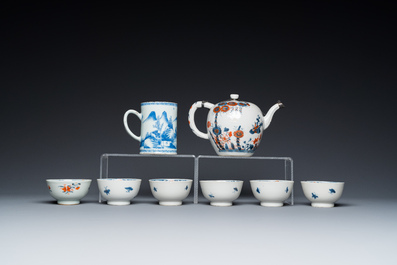 Six Chinese famille rose cups and saucers, an Imari-style teapot and a blue and white mug, Kangxi/Qianlong