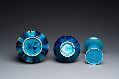 Two Japanese flamb&eacute;-glazed Awaji bottle vases and a Chinese robin's egg-glazed vase, 19/20th C.
