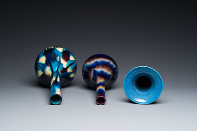 Two Japanese flamb&eacute;-glazed Awaji bottle vases and a Chinese robin's egg-glazed vase, 19/20th C.