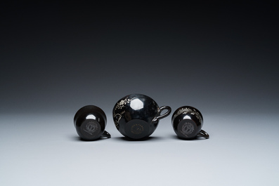 Two Chinese black Fuzhou or Foochow lacquer coffee services on trays, Republic