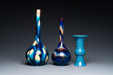 Two Japanese flamb&eacute;-glazed Awaji bottle vases and a Chinese robin's egg-glazed vase, 19/20th C.