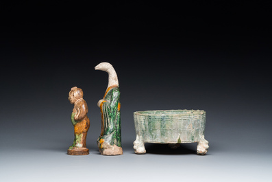 Two Chinese sancai-glazed figures and a green-glazed tripod censer, Han and later