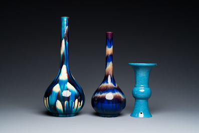 Two Japanese flamb&eacute;-glazed Awaji bottle vases and a Chinese robin's egg-glazed vase, 19/20th C.