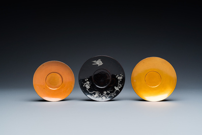 Two Chinese black Fuzhou or Foochow lacquer coffee services on trays, Republic