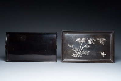 Two Chinese black Fuzhou or Foochow lacquer coffee services on trays, Republic