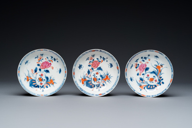Six Chinese famille rose cups and saucers, an Imari-style teapot and a blue and white mug, Kangxi/Qianlong