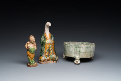 Two Chinese sancai-glazed figures and a green-glazed tripod censer, Han and later