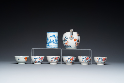 Six Chinese famille rose cups and saucers, an Imari-style teapot and a blue and white mug, Kangxi/Qianlong