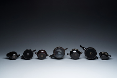 Two Chinese black Fuzhou or Foochow lacquer coffee services on trays, Republic