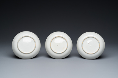 Six Chinese famille rose cups and saucers, an Imari-style teapot and a blue and white mug, Kangxi/Qianlong