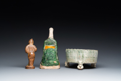 Two Chinese sancai-glazed figures and a green-glazed tripod censer, Han and later
