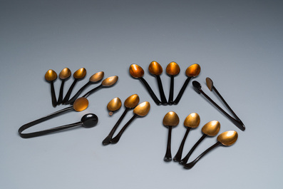 Two Chinese black Fuzhou or Foochow lacquer coffee services on trays, Republic