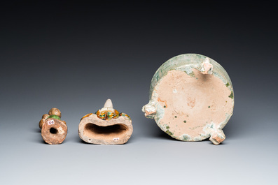 Two Chinese sancai-glazed figures and a green-glazed tripod censer, Han and later