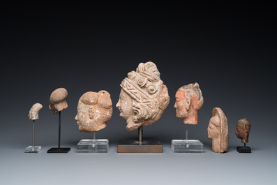Acht diverse gesculpteerde stenen hoofden, o.a. Gandhara, Etruskisch, Japans en Chinees