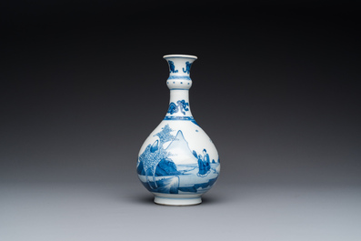 A Chinese blue and white bottle vase with figures in a landscape, Kangxi