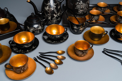Two Chinese black Fuzhou or Foochow lacquer coffee services on trays, Republic