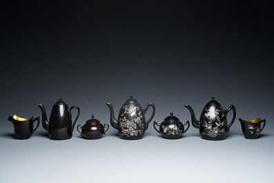 Two Chinese black Fuzhou or Foochow lacquer coffee services on trays, Republic