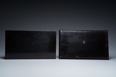 Two Chinese black Fuzhou or Foochow lacquer coffee services on trays, Republic