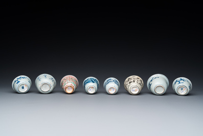 Eight Chinese mostly blue and white wine and tea cups, Ming
