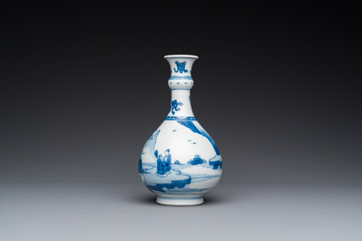 A Chinese blue and white bottle vase with figures in a landscape, Kangxi