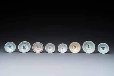 Eight Chinese mostly blue and white wine and tea cups, Ming