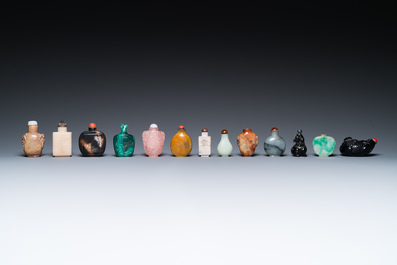 15 Chinese hardstone, glass and walnut snuff bottles, 19/20th C.