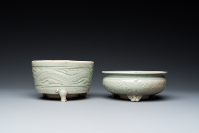 A Chinese Longquan celadon 'twin fish' dish and two censers, Song and/or later