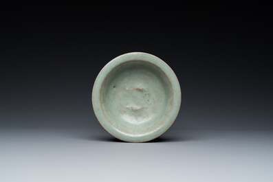 A Chinese Longquan celadon 'twin fish' dish and two censers, Song and/or later