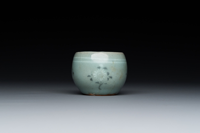 A Korean inlaid celadon cup on a stand, probably Goryeo, 13/14th C.