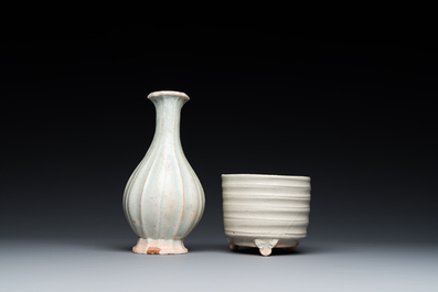 A Chinese qingbai wall pocket vase and a three-legged incense burner, Song
