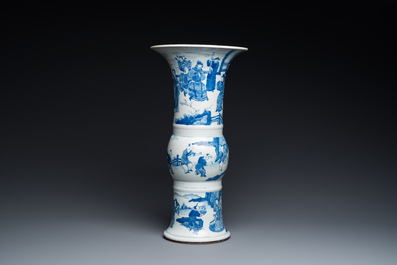 A Chinese blue and white 'gu' vase with figurative design, probably Kangxi