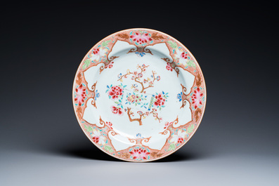 A Chinese famille rose dish and two lotus-shaped plates, Qianlong
