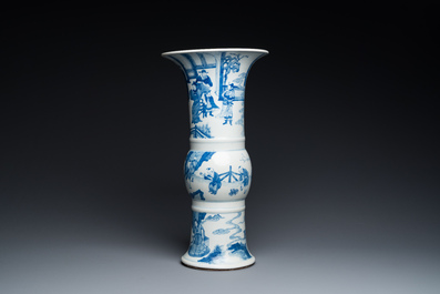 A Chinese blue and white 'gu' vase with figurative design, probably Kangxi