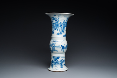 A Chinese blue and white 'gu' vase with figurative design, probably Kangxi