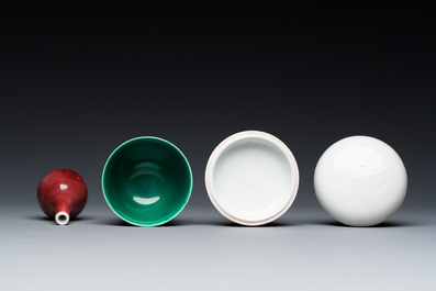 A Chinese monochrome copper-red vase, a green anhua 'dragon' cup and a white-glazed box and cover, 19/20th C.