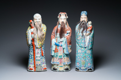Three Chinese famille rose figures of star gods, Zhu Rong Ji Zao 朱榮記造 mark, 19/20th C.