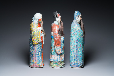 Three Chinese famille rose figures of star gods, Zhu Rong Ji Zao 朱榮記造 mark, 19/20th C.