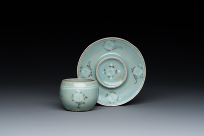 A Korean inlaid celadon cup on a stand, probably Goryeo, 13/14th C.