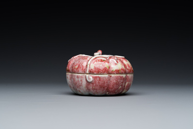 A Chinese peachbloom-glazed pumpkin-shaped box and cover, 19th C.